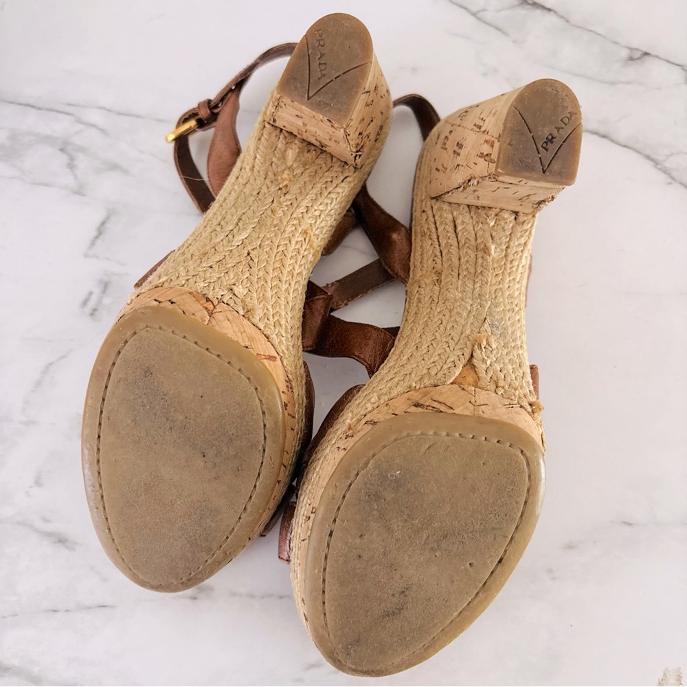 Prada Authentic Women’s Brown Strappy Sandals Cork Style Heel Size IT 38 or US 8 - Picture 9 of 10